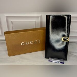 Vintage Gucci Queen Margaret Navy Blue Leather Long Bifold Wallet | Horsebit